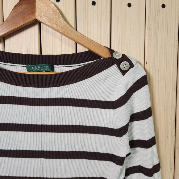Ralph Lauren Top Brown and White Striped. 3/4 Sleeve - Picture 4 of 6